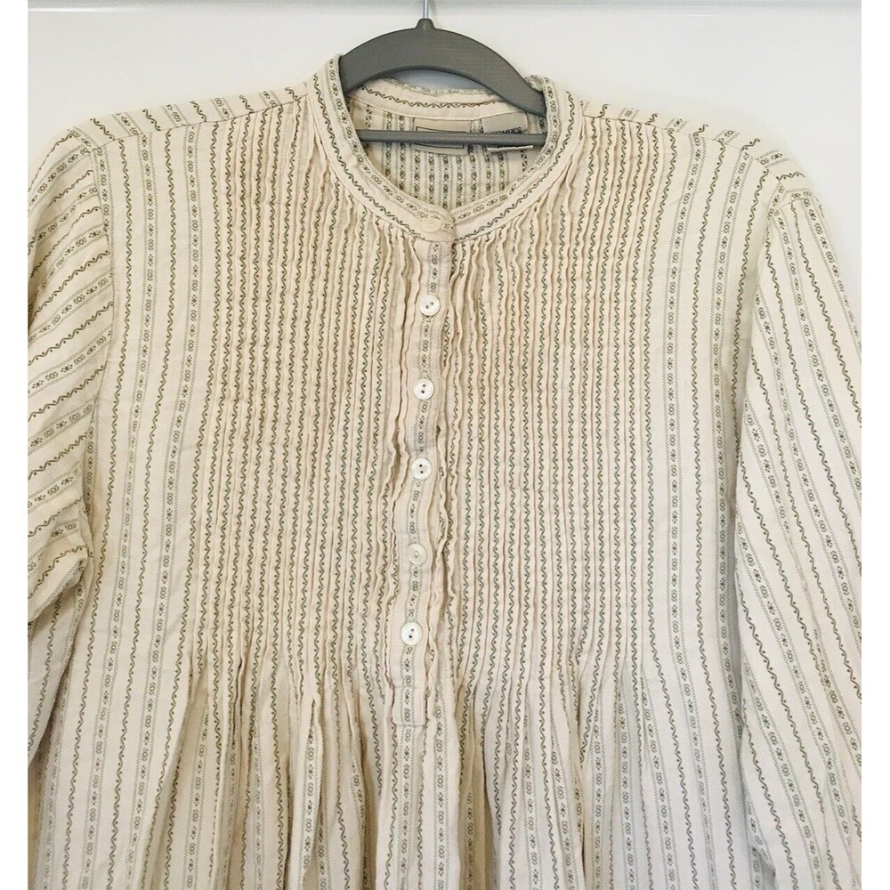 LL Bean Dobby Nightgown Cotton Flannel Pintuck Cottage Core Prairie Ivory Blue L